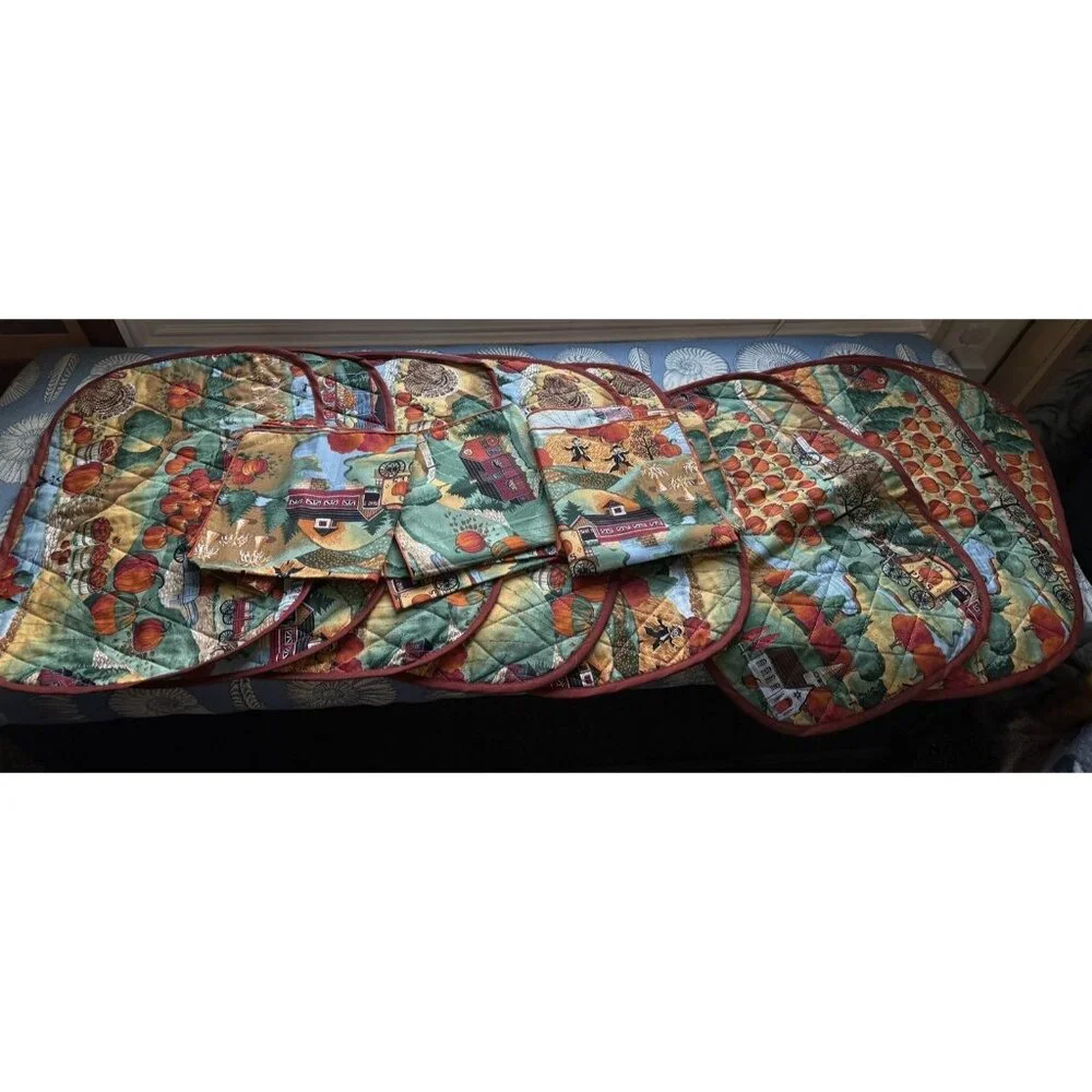 Autumn Harvest Quilted Placemats And Napkins Set Of 8 Country Farmhouse Scene